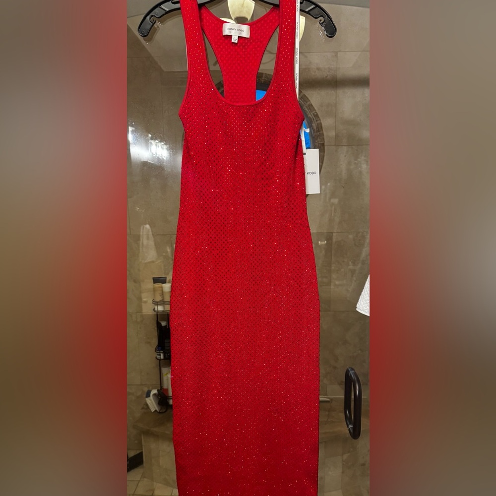 Ronny Kobo Agathe Knit Scoop Neck Sleeveless Rhinestone Detail Maxi Dress